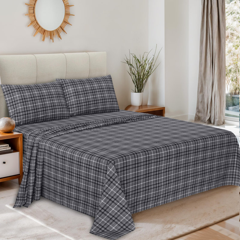 100% Cotton Flannel Sheet Set 4 Piece Warm Cozy Fall Sheets 16 inch Deep Pocket Bed Sheets, Gray/Plaid