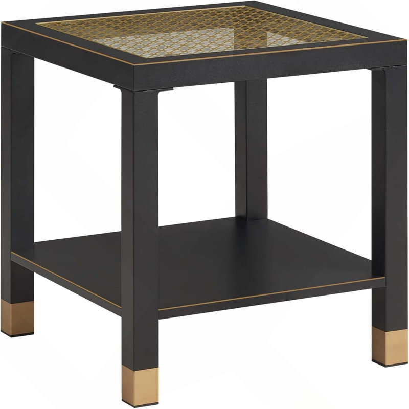 Modern Glass Square End Table, 2-Layer Nightstands With Metal Frame & Glass Top, Black/Gold