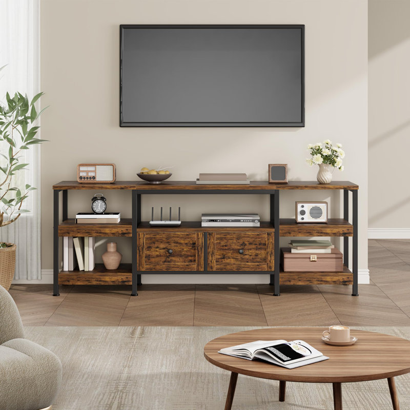 Modern-Industrial TV Stand with 2 Fabric Drawers, Entertainment Center for TVs Up to 75", Media Console with Storage Shelves, Open Design & Metal Frame