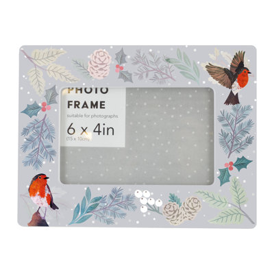 Festive Robin Scene Christmas Holly Ceramic Single Picture Frame in White