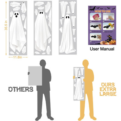 Halloween White Ghost Window Mirror Clings Decal Decorations Large 35.5'' | 25.6'' Large Ghost, Static/Double Sided/Reusable, Spooky Halloween Window Decoration for Glass Mirror Fridge Office School