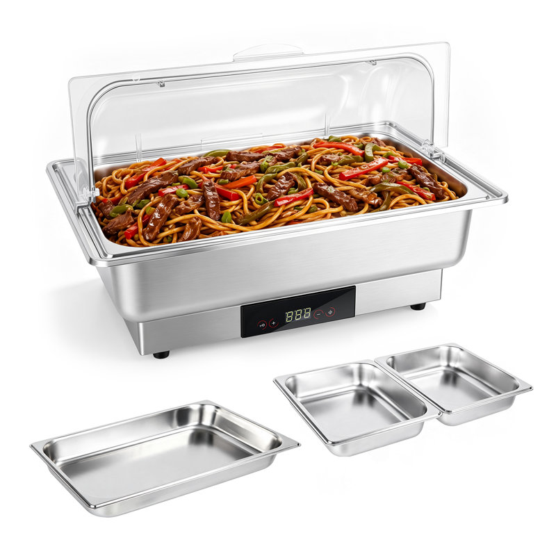 Chafing dish électrique pour buffet, 600 W, en acier inoxydable, avec commande tactile numérique, couvercle transparent à enroulement et bacs alimentaires de grande capacité et 2 demi-capacités.