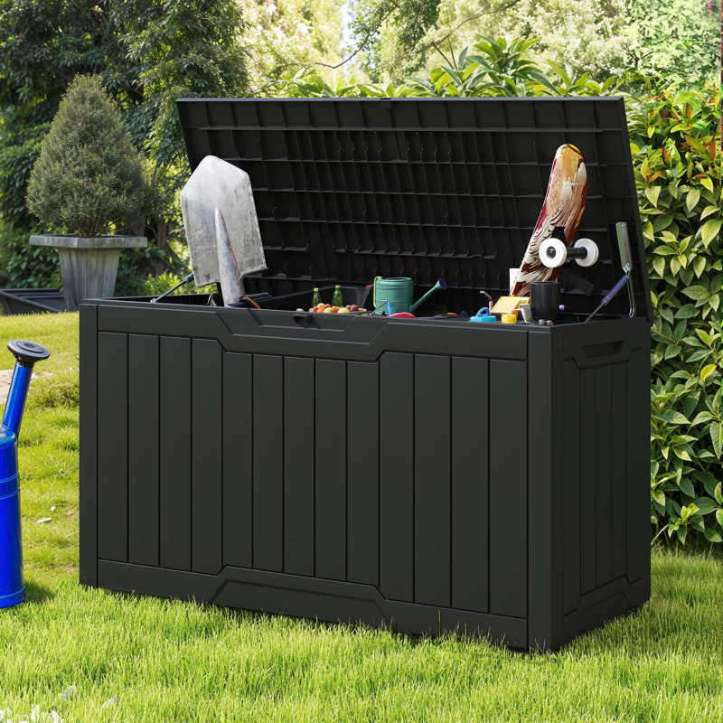 300L Deck Box, Plastic Lockable Garden Storage Box, Black