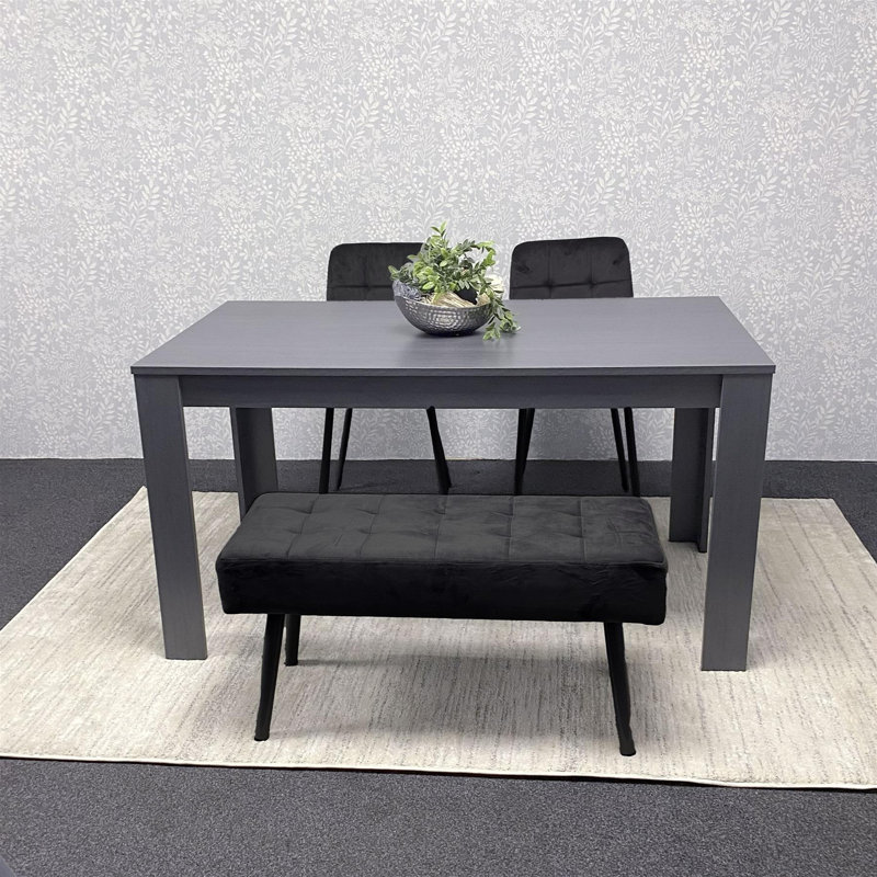 Wooden Dining Set with 2 Velvet Chairs and Bench, Charcoal, Black, 75cm H x 140cm L x 80cm W