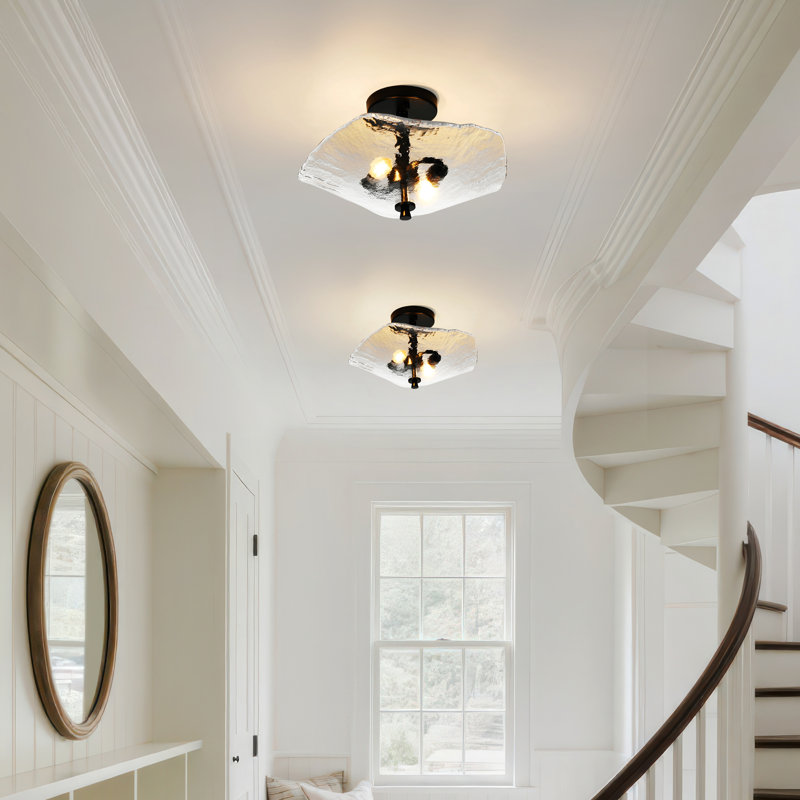 Flush Mount Ceiling Light Fixture With Ripple Glass Shade, Matte Black