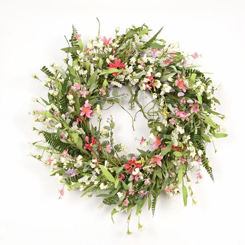 24" Artificial Farmhouse Blossom Cluster Greenery Foliage Berry Wildflower Daisy Spring Summer Floral Wreath For Front Door