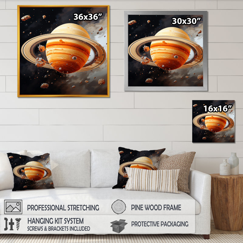 Planète Saturne, univers cosmique I - art mural de la planète espace, Cadre flottant noir, H 36 po x l 36 po x P 1,5 po