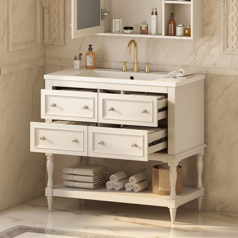 Armoire de salle de bain avec lavabo en résine et 4 tiroirs, Beige