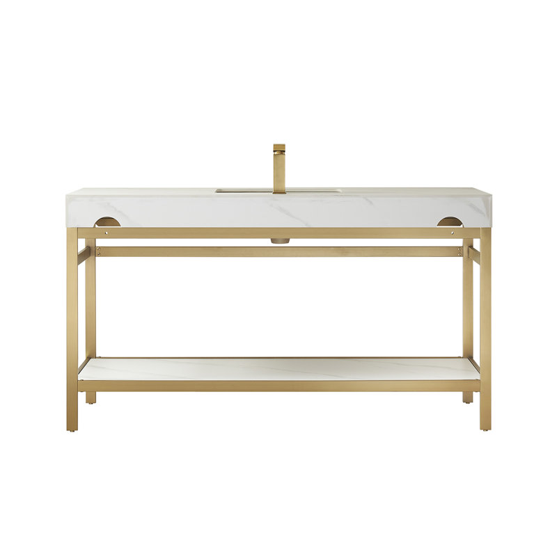 60'' Single Bathroom Vanity with Stone Top, Snow Mountain White, Brushed Gold, Brushed Gold
