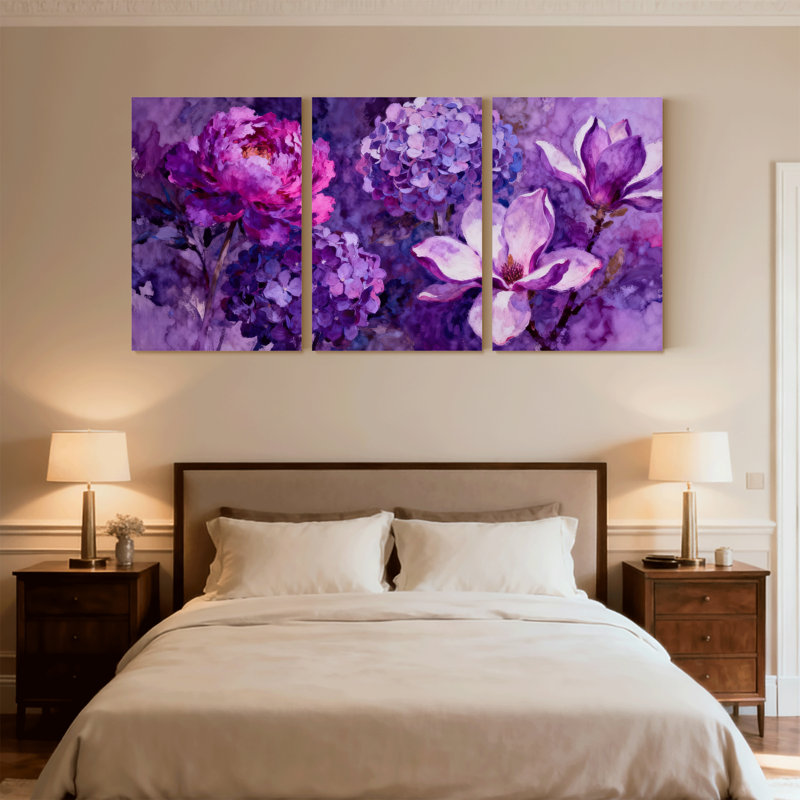 Plantes et fleurs, fleurs mauves, ensemble de 3 impressions sur toile, H 30 po x l 60 po