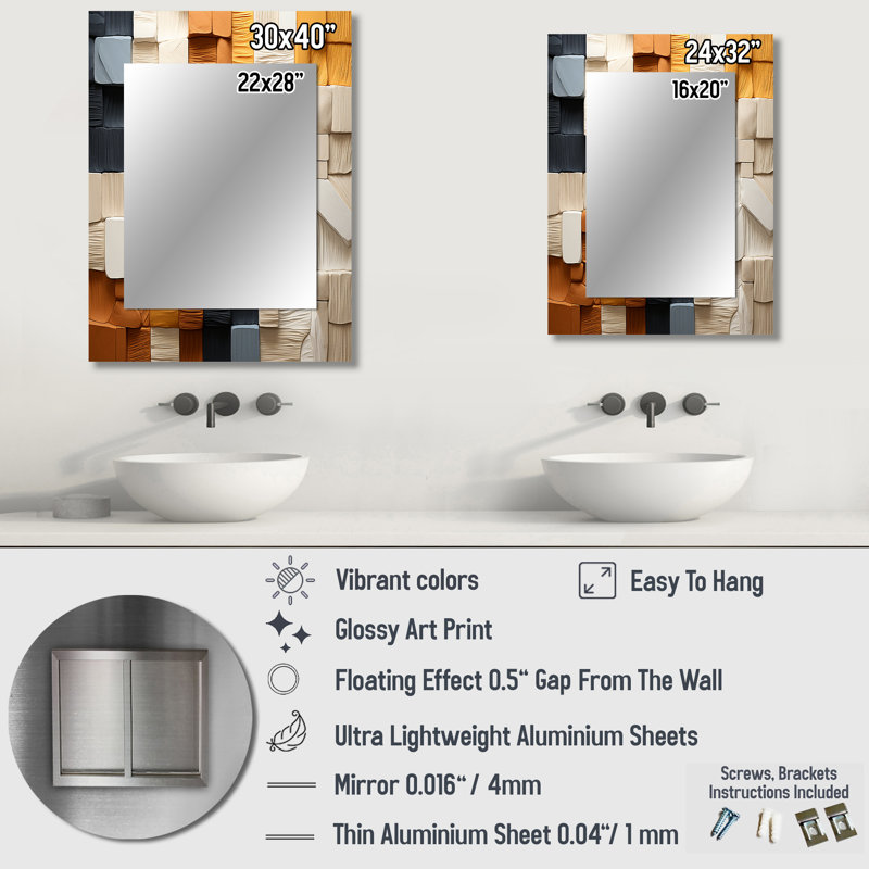 Cubique jaune et gris fibre II - miroir mural cubique, miroir décoratif moderne, impression d'art en métal, 40 po x 30 po