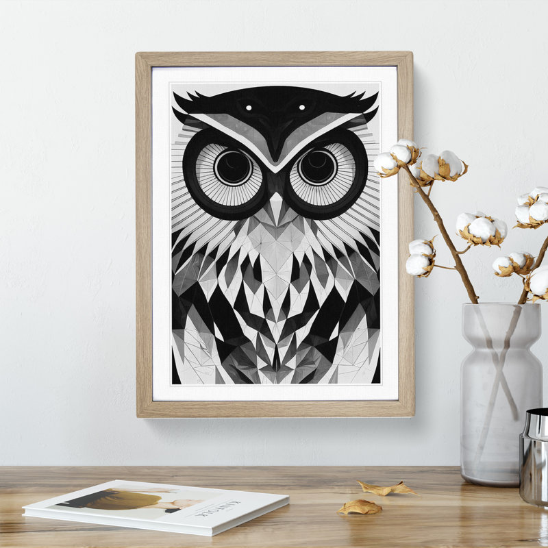 Owl Monochrome - Framed Print, 64cm H x 46cm W x 2cm D, Oak