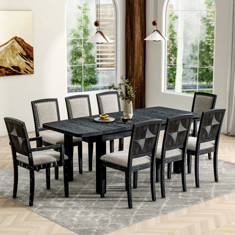 Ensemble de table de salle à manger extensible rustique de 84 pouces avec rallonge amovible de 24 pouces, 6 chaises de salle à manger rembourrées sans accoudoirs et 2 chaises rembourrées, 9 pièces