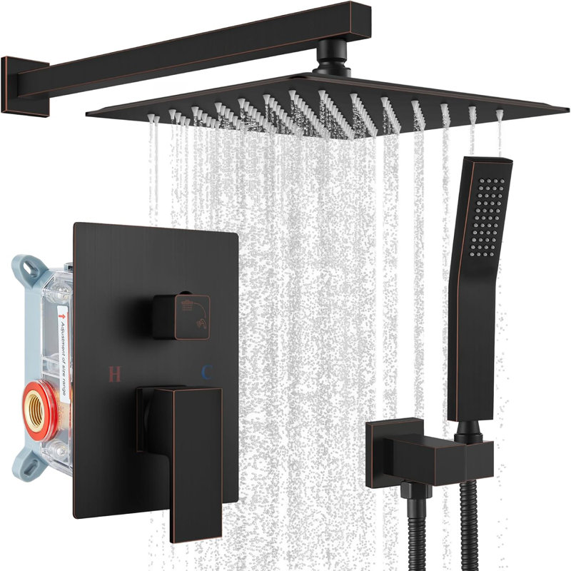 Rainfall Bathroom Shower System Rain Shower Head and Handle Set Wall Mounted Shower Complete Combo Solid Brass Pressure Balancing Shower Mixer Valve 12 Inch Oil Rubbed Bronze
