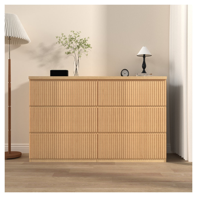 Commode de rangement à six tiroirs en bois naturel avec tiroirs ondulés et intérieur spacieux