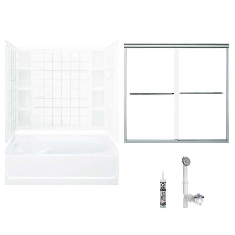 60" W x 72" H Frameless Rectangle Sliding Tub & Shower Kit with Towel Bar and Base Included, Silver