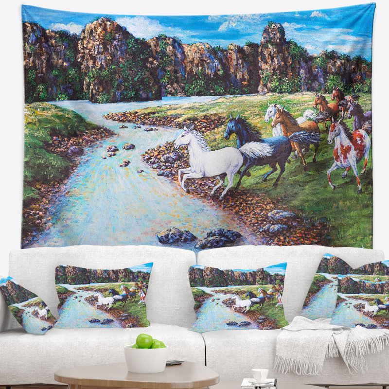 Tapisserie Chevaux traversant le ruisseau, H 50 po x l 60 po
