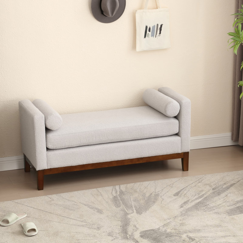 Timsbury Boucle Upholstered Bench, Light Gray/Walnut