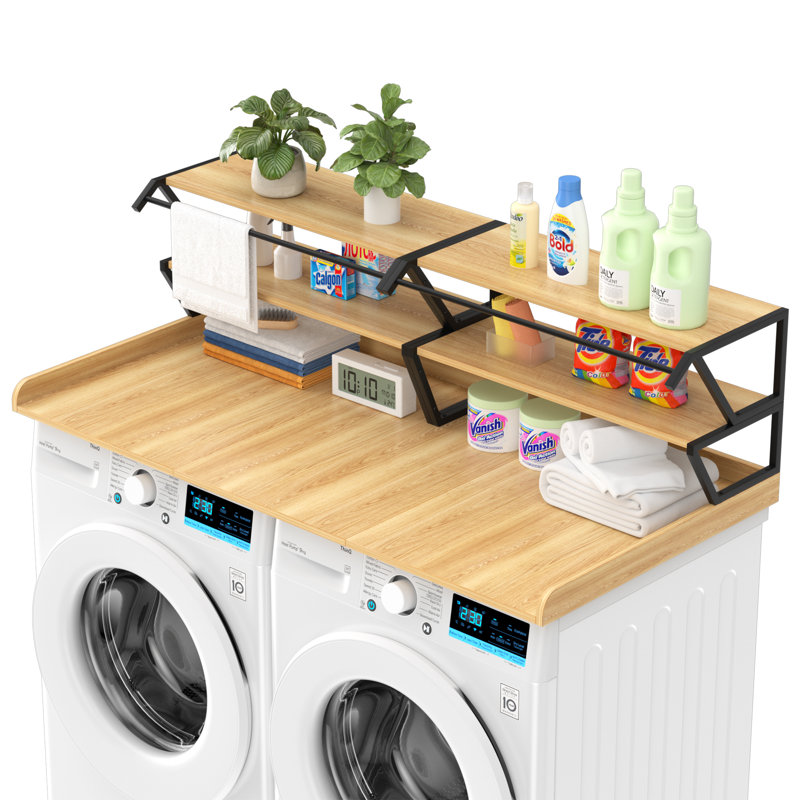 Washer Dryer Countertop with Wall Shelves Set - Durable, Waterproof, and Functional Design with Hanging Rod, Natural