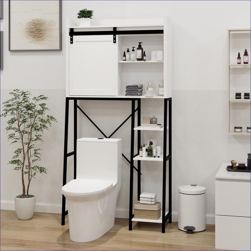 Au-dessus de la toilette, porte de grange coulissante de style campagnard à tablettes réglables | Blanc | Panneau de fibres à densité moyenne