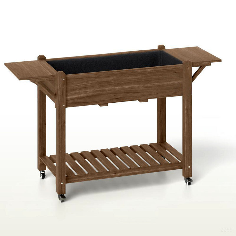 Elevated Garden Bed,Wood Raised Planter Box,With Lockable Wheels,Side Tables,Bottom Shelf,Drain Holes, Brown