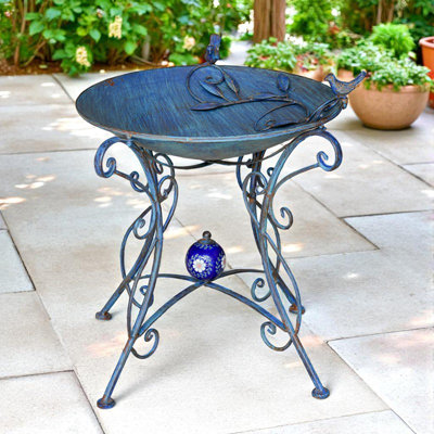 23in. Tall Iron Birdbath with Bird Detail & Porcelain Accent Rome 1945