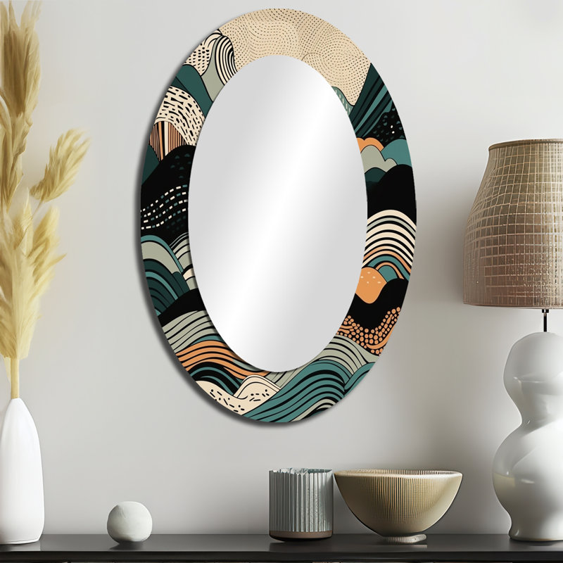 Teal Black Line Art Elegance II - Miroir mural ovale moderne sarcelle, 36 po x 24 po