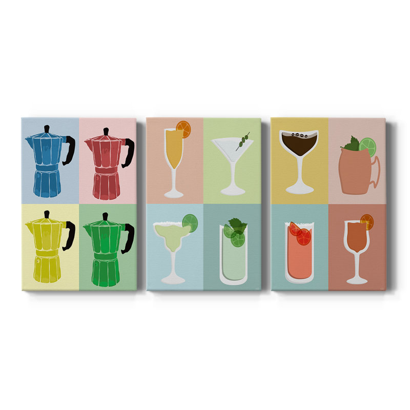 Moka Pot Colorblock - Toile tendue avec châssis sur mesure - 3 pièces, H 18 po x l 36 po