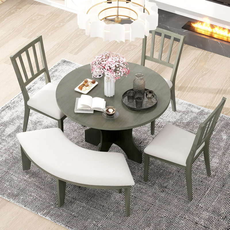 5-Piece Rustic Charm Round Dining Set With 3 Upholstered Chairs And Curved Bench, Grey/Beige