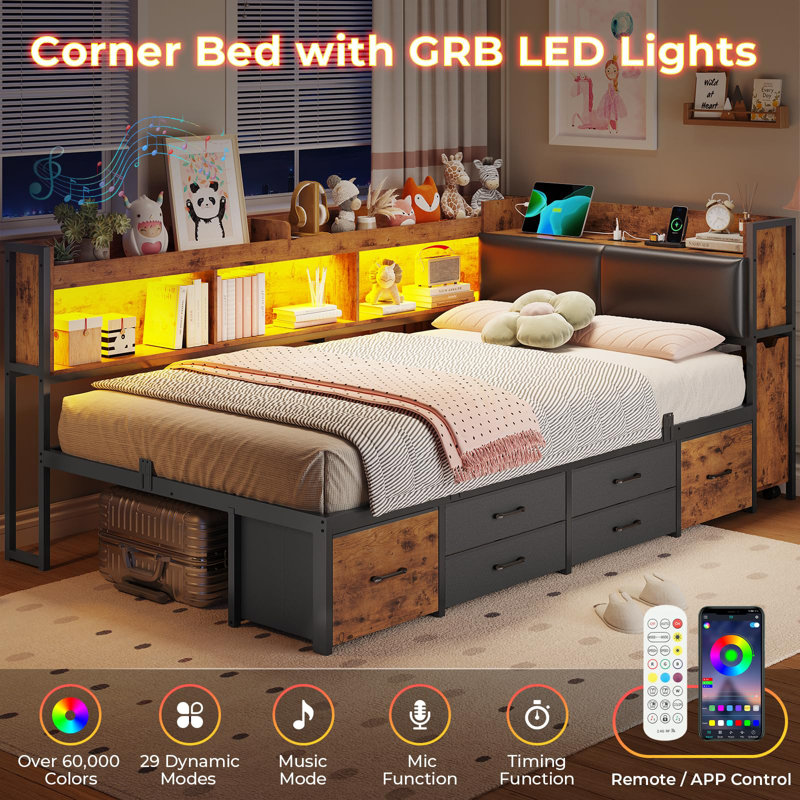 Convertible Corner Bed Frame with Bookcase Storage, 14''H Under LED Daybed Frame with Pull-Out Cabinet and Charging Station & 6 Drawers Underneath for Living Room,Bedroom & Guest Room, Black & Vintage Brown
