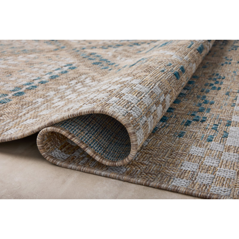 Natural and Aqua Geometric Synthetic Indoor/Outdoor Rug 6'7" x 9'4"