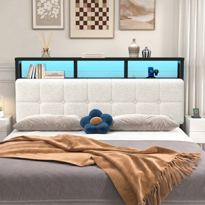 Upholstered Storage Headboard With Built-In Charging Station, LED Light Strip, Hidden Drawer And Shelf – Tufted Button Design