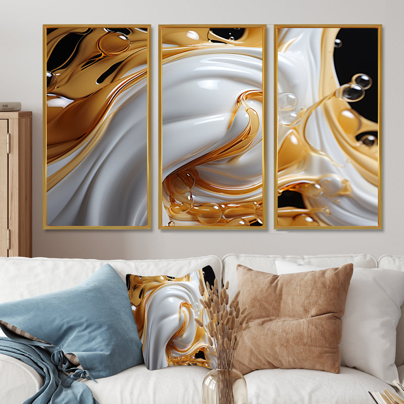 «Flowing Golden Sunshine II» - ensemble d'impressions murales abstraites à encre liquide, Cadre flottant doré