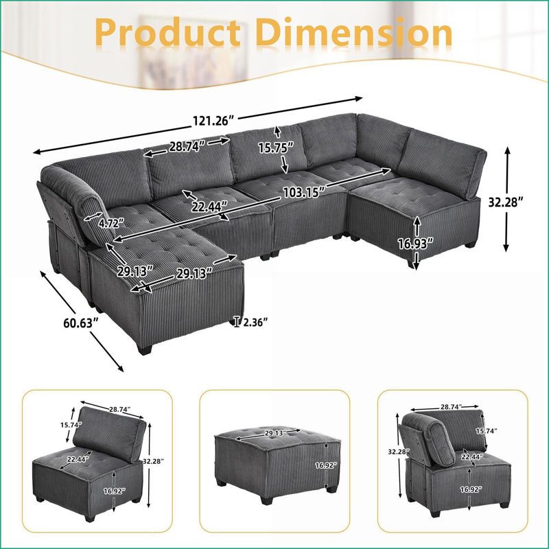 Sectional Sofas Modular U-Shaped 6-Seat with Reversible Chaise for Living Room | Dark Gray | Corduroy, Dark Gray Corduroy