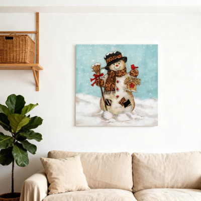 Snowman With Hat & Cardinal Unframed Canvas Wall Art  12" X 12"