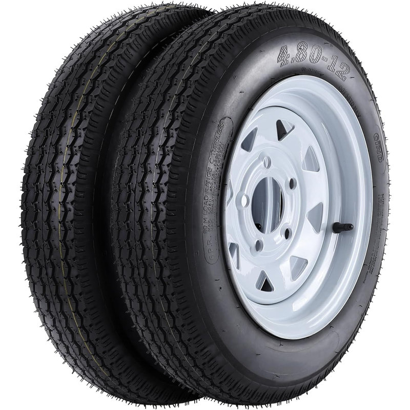 Paquet de 2 ensembles de roues de pneu de remorque C de gamme de charge de 4,80 x 12 6PR, jantes de pneu pré-montées de 12 pouces à 5 crochets de 4,5 pouces pour les remorques utilitaires de camping