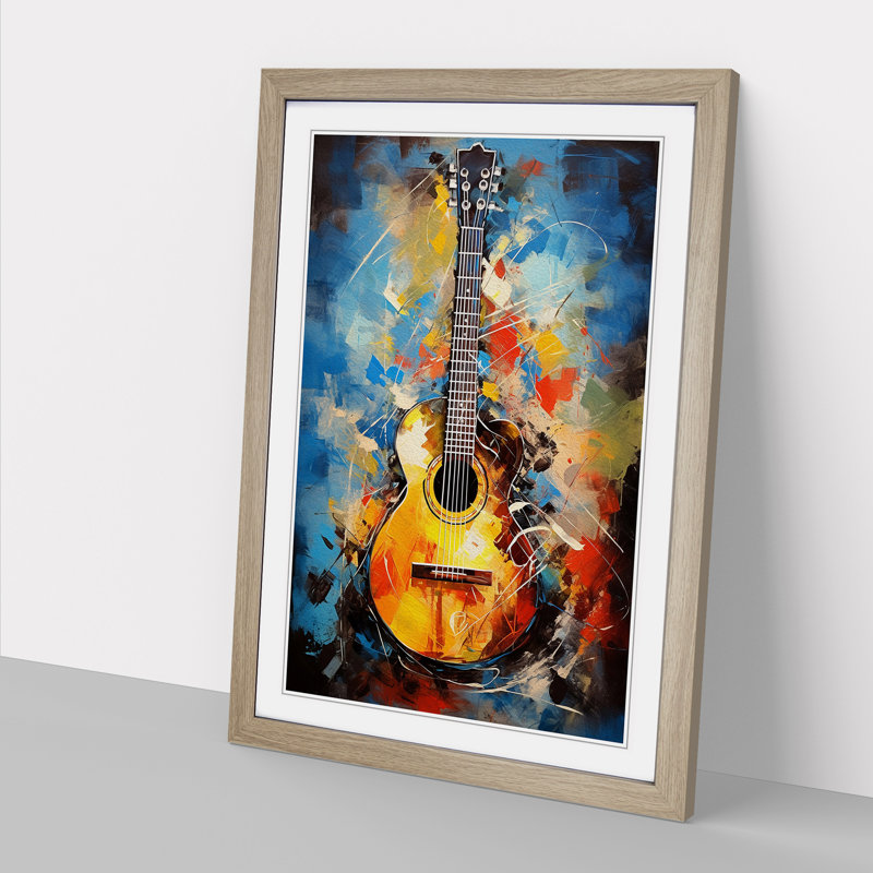 XYZ-FRM-V1223-1746 Acoustic Guitar Action Painting - Single Picture Frame Print on Wood, 46cm H x 34cm W x 2cm D, Oak 