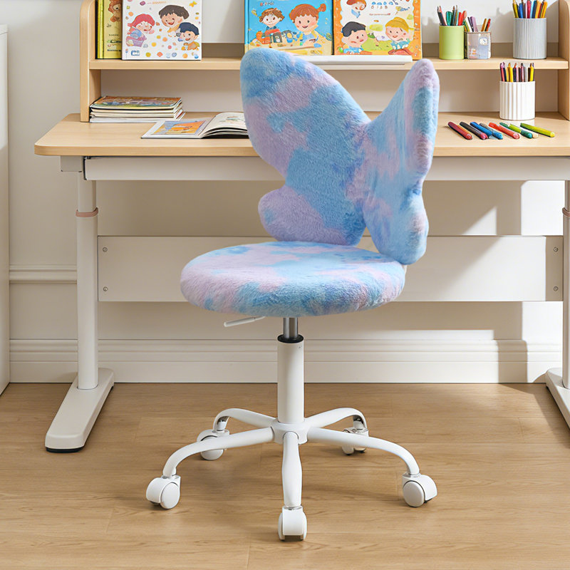 Fluffy Butterfly Desk Chair Comfy Adjustable Height Swivel Kids Desk Chair Teen Office Computer Roller Chair Vanity Chair for Students Reading Study  & Vanity,Blue