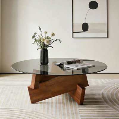 Table basse moderne pour le salon moderne, centre de 27,5 po x 27,5 po x 12,2 po avec plateau en verre trempé et bois