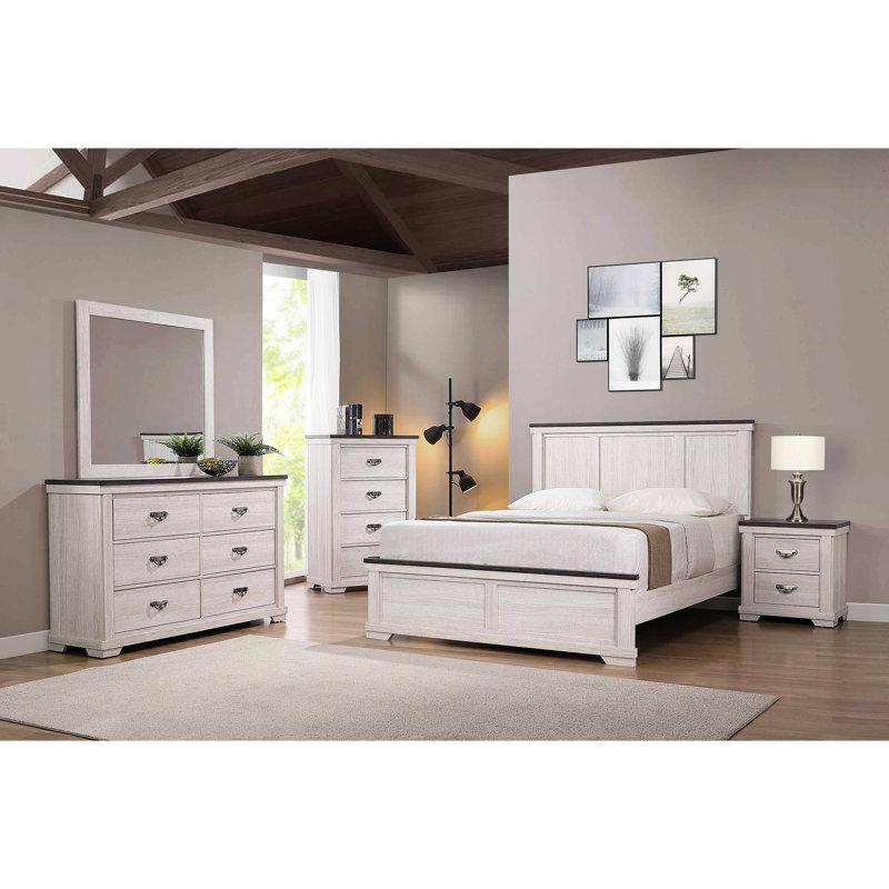 Mobilier de chambre rustique, commode à quatre tiroirs, commode blanche avec tiroirs, aspect gris / blanc