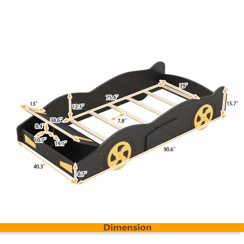 Lit plateforme avec roulettes et rangement Race, Noir / Jaune