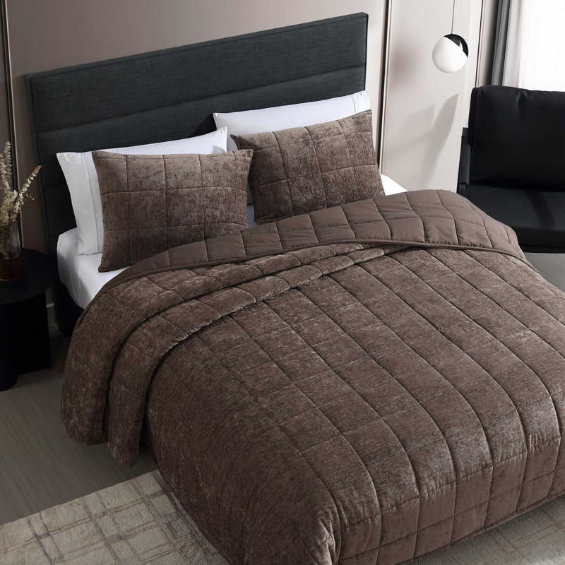 Vera Wang Chenille Box Solid Reversible Quilt Set, Chocolate Brown, King Quilt + 2 King Pillowcases