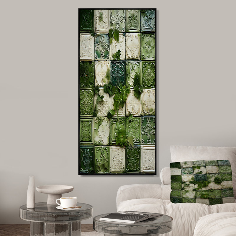 Carreaux floraux verts botaniques IV - Décoration murale abstraite en carreaux, Cadre flottant noir, 60" H x 28" W