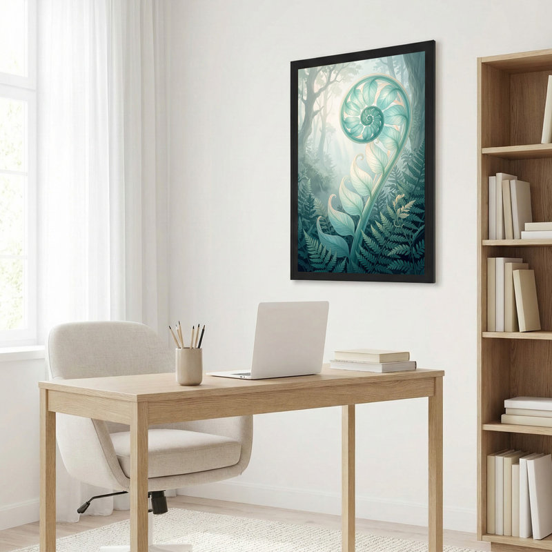 Grande toile de fougère sarcelle dans une forêt brumeuse, 18"H x 12"W