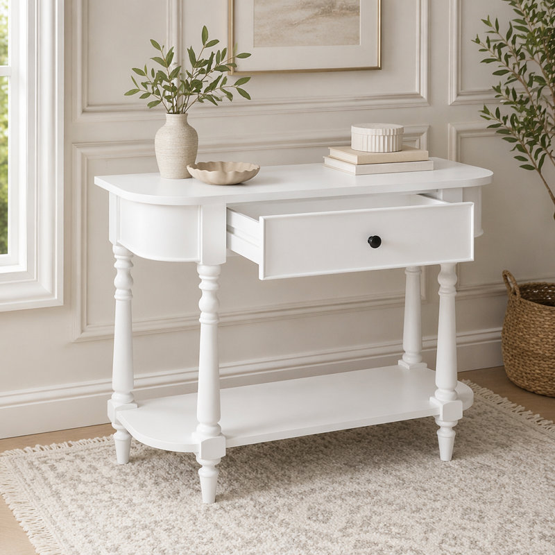 Console avec coin incurvé, table d'entrée rétro avec tiroir supérieur et tablette ouverte, console, Blanc