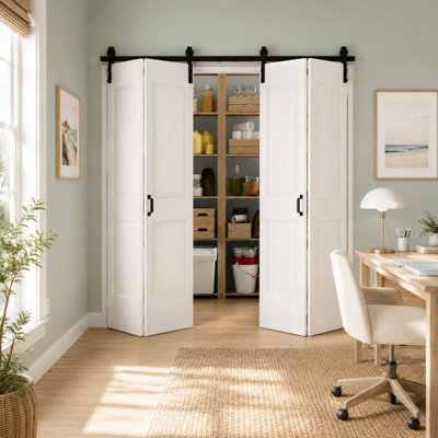 Closet Bi-fold Barn Door 4-Panelled Water-Resistant MDF Bi-Fold Barn Door 64" x 84" with Hardware Kit Included, Pre-Assembled Door Panels(Perfect for Closet Room,Pantry Room,Laundry Room,Bathroom and Other Small Rooms)