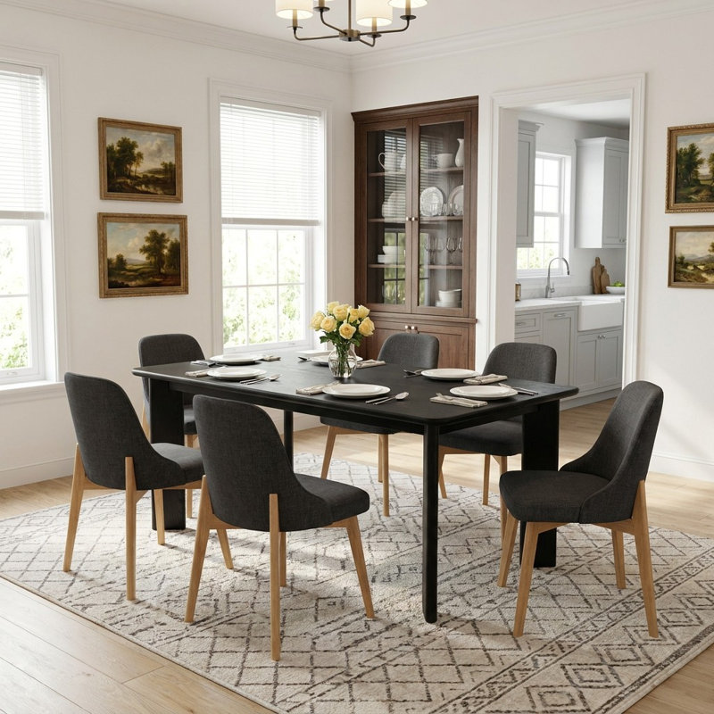 Ensemble de table de salle à manger rectangulaire 67 "avec 6 chaises rembourrées 7 pièces 4 pièces, Noir