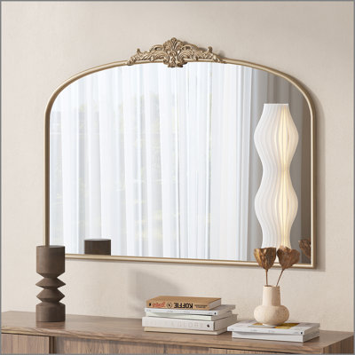Vintage Arched Gold Mirror: 40"x30" Arched Antique Brass Mirror with Full Metal Frame Baroque Traditional Ornate for Entryway,Fireplace, Living Room, Hallway