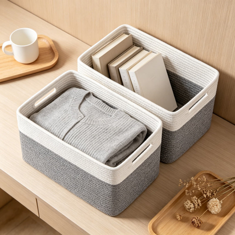 Cotton Rope Storage Baskets, Collapsible Fabric Storage Bins With Reinforced Handles For Organizing Toys, Blankets, And Clothes In Living Room, Bedroom, Or Closet, 2-Pack