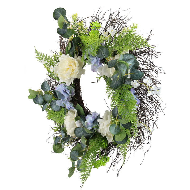 Couronne de printemps hydrangée rose et géranium artificielle blanche et bleue - 24 pouces